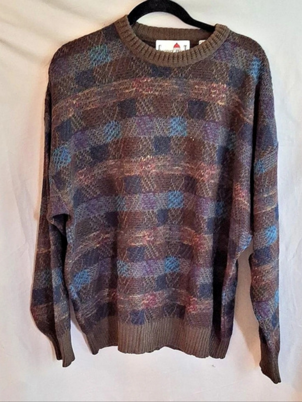 Florence Tricot Geometric Crewneck Sweater in Brown & Blue XL